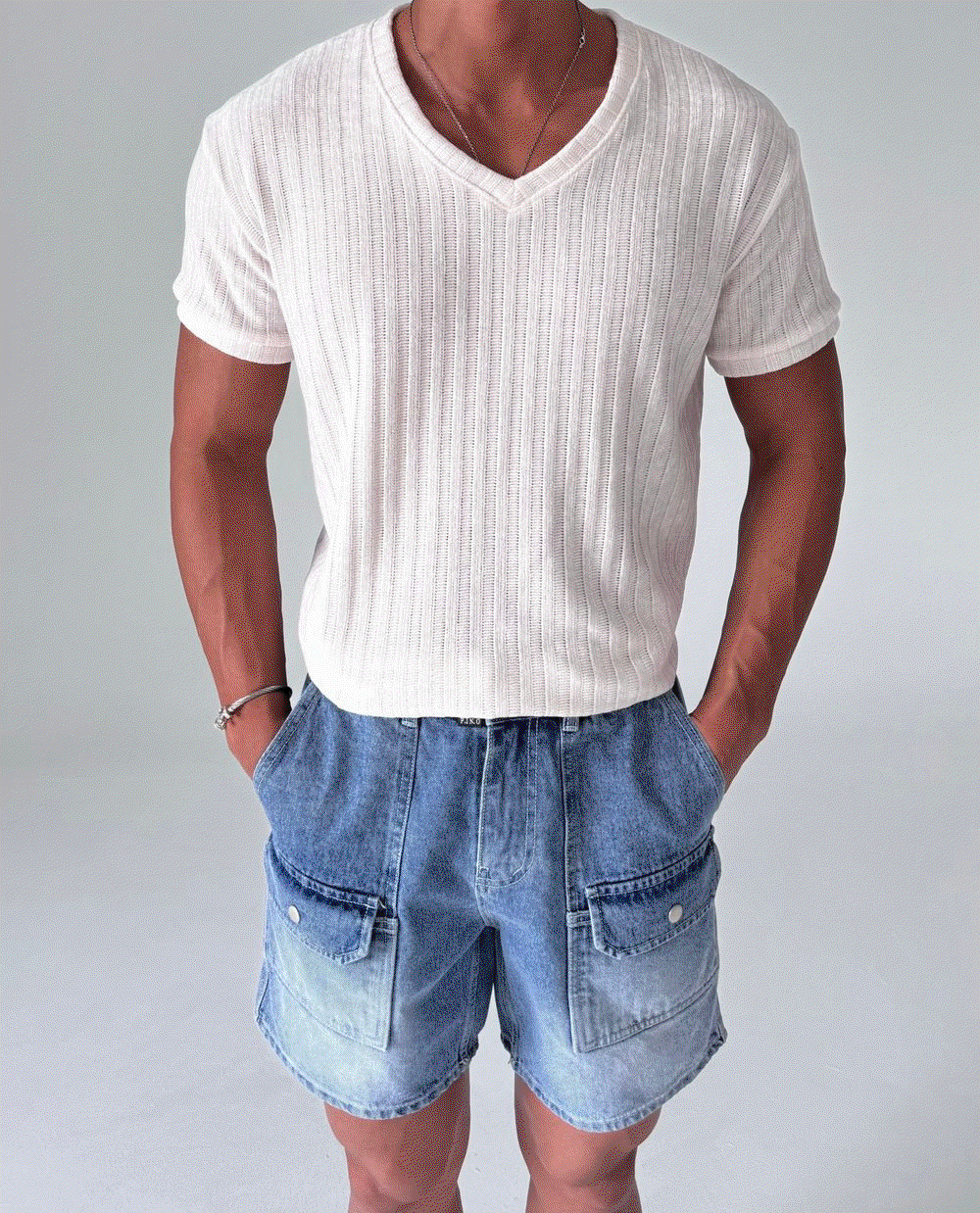 V領天鵝絨短袖針織上衣
