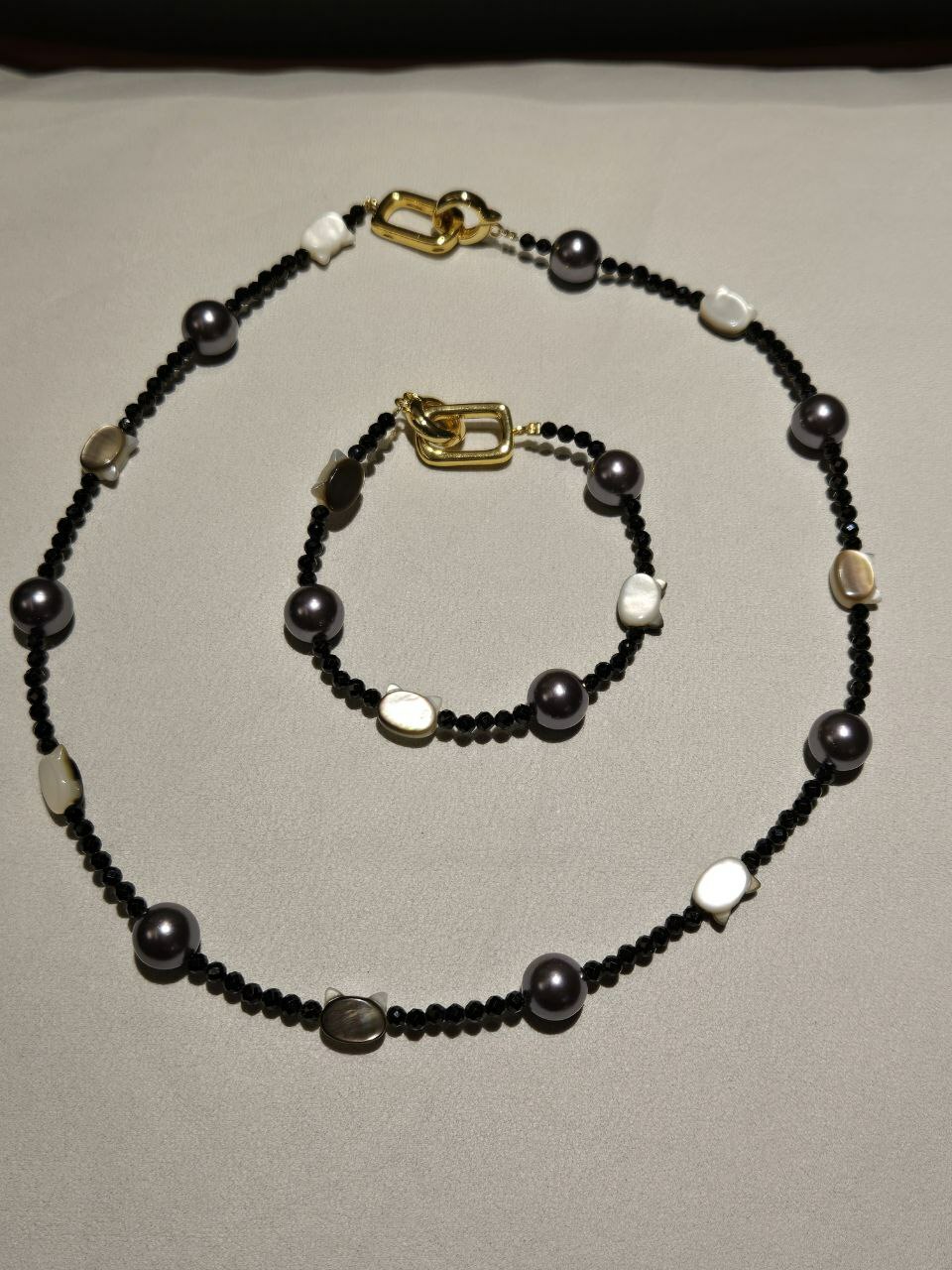 [S] GEMZ & CO NCJS SPAIN PEARLS SEASHELL CAT NECKLACE 46CM & BRACELET 20CM JEWELLERY SET, XT-N014 (Z82)