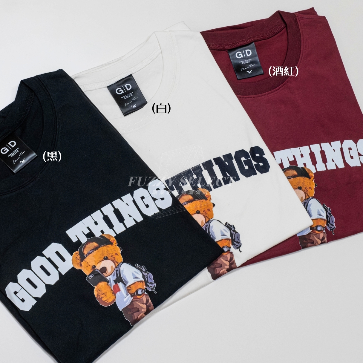 【逢甲 FUZZY】Bear 拍照 Tee 潮流 日常 美式 圖案 Logo 熊 自拍 短T 短Tee 黑 白 酒紅