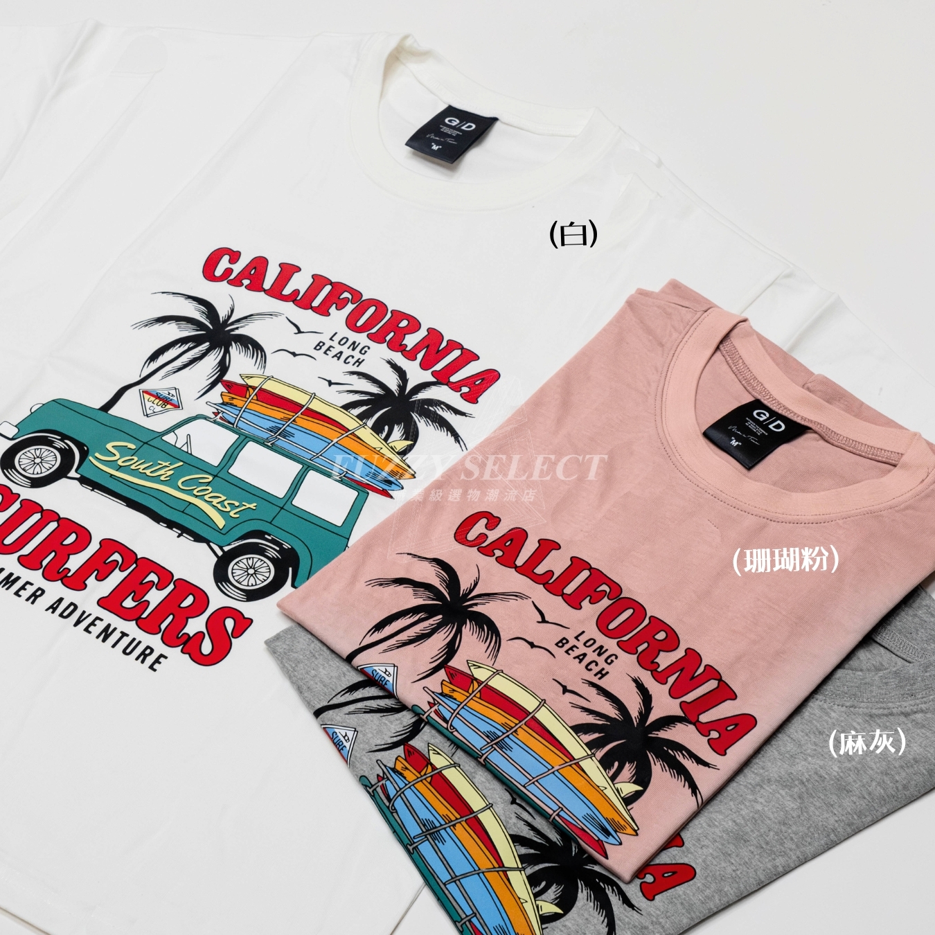 【逢甲 FUZZY】Surfers 衝浪者 Tee 潮流 日常 美式 圖案 Logo 短T 短Tee 白 麻灰 珊瑚粉