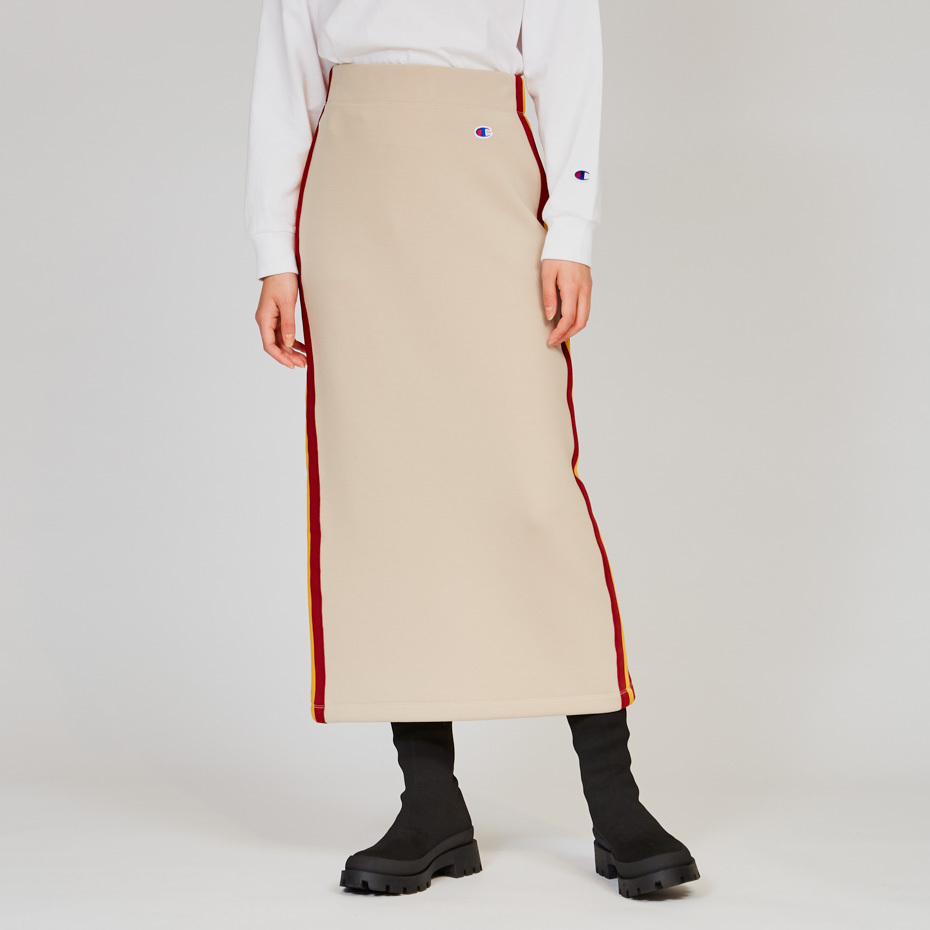 女款- CASUAL 邊條棉質運動長裙-米色（CW-A203-782）