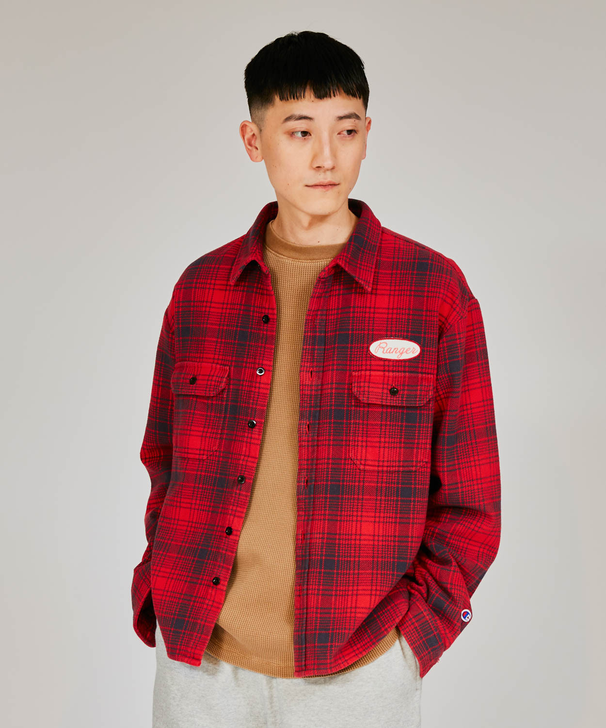 男款 -CASUAL 街頭布章法蘭絨工裝襯衫-紅色（C3-A410-940）