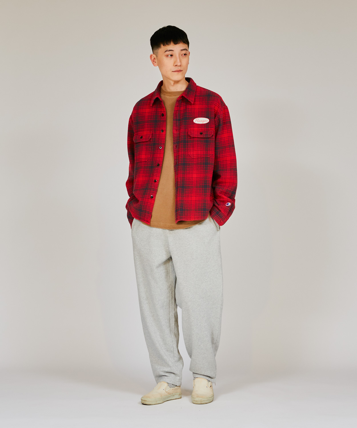 男款 -CASUAL 街頭布章法蘭絨工裝襯衫-紅色（C3-A410-940）