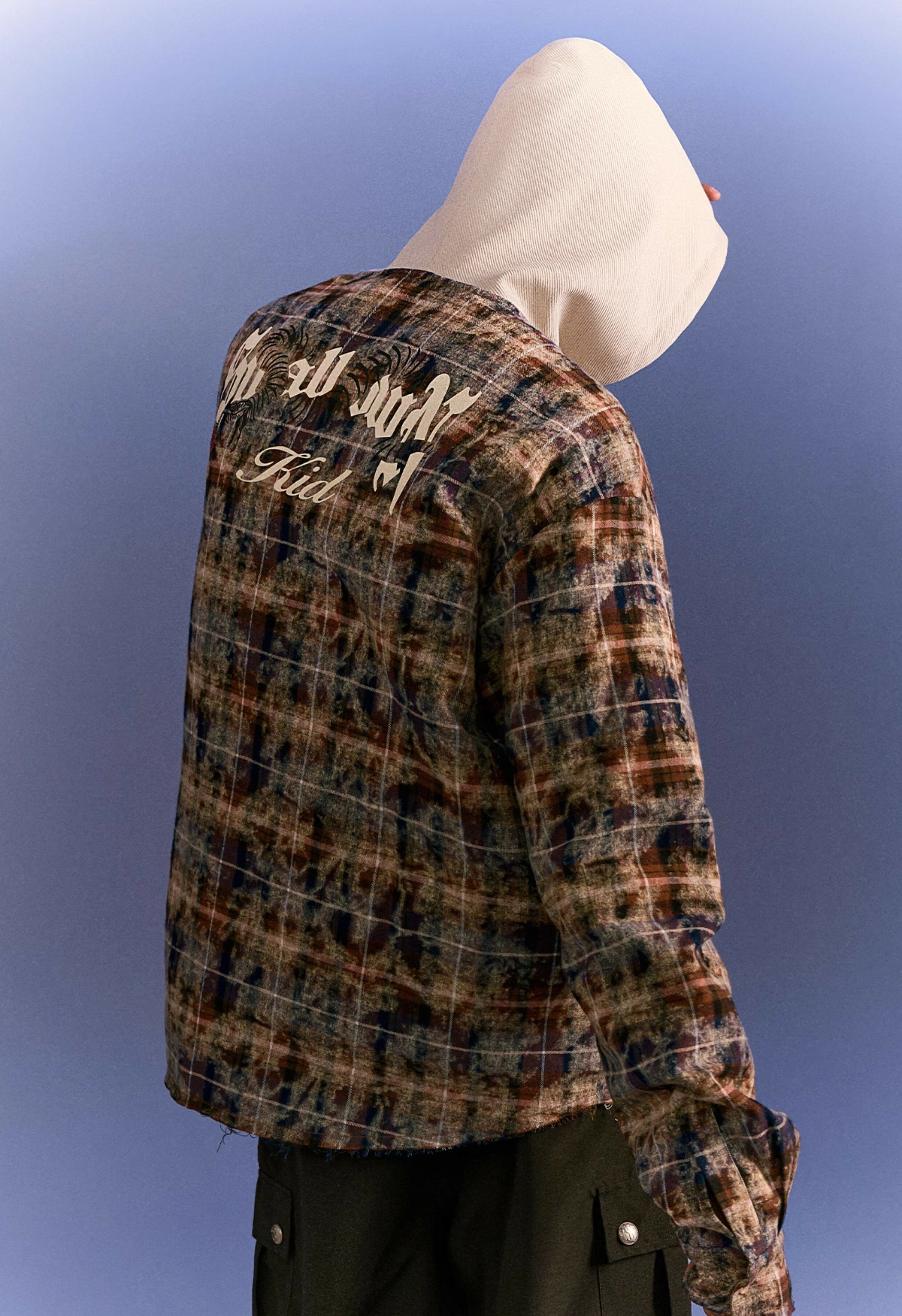 STK SmallTownKid 水洗格紋 無領連帽 襯衫外套