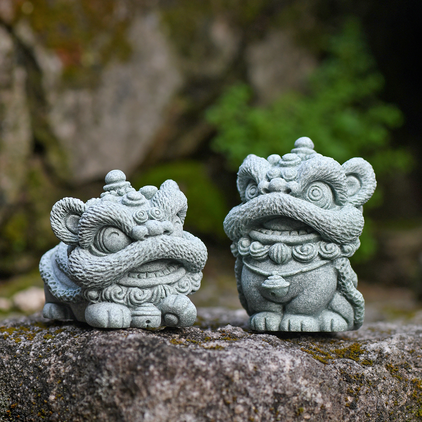 傳藝工坊- 『招財臨門鎮宅石獅』Q版招財平安獅子青砂石塑一對收藏