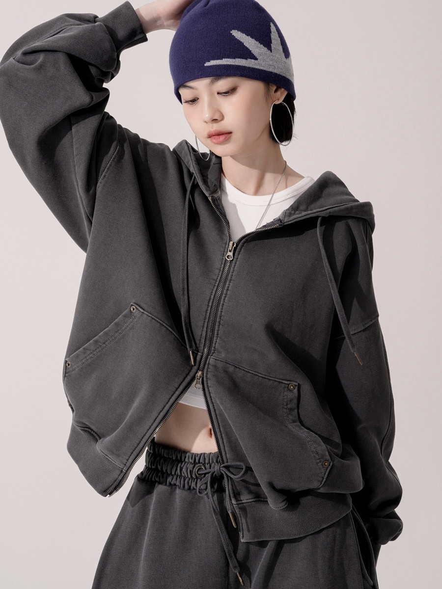 <預購> 韓國TWN高磅復古銅色雙拉鍊連帽外套X高磅縮口寬棉褲#套裝