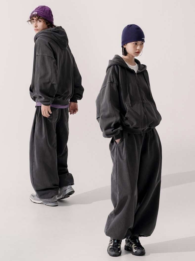 <預購> 韓國TWN高磅復古銅色雙拉鍊連帽外套X高磅縮口寬棉褲#套裝