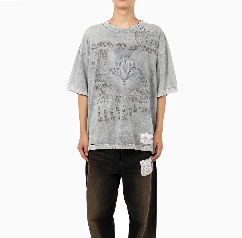 MAISON MIHARA YASUHIRO MMY 2024 A/W DISTRESSED CAT PRINT T-SHIRT -  GREY PRE ORDER ITEM (預訂中)