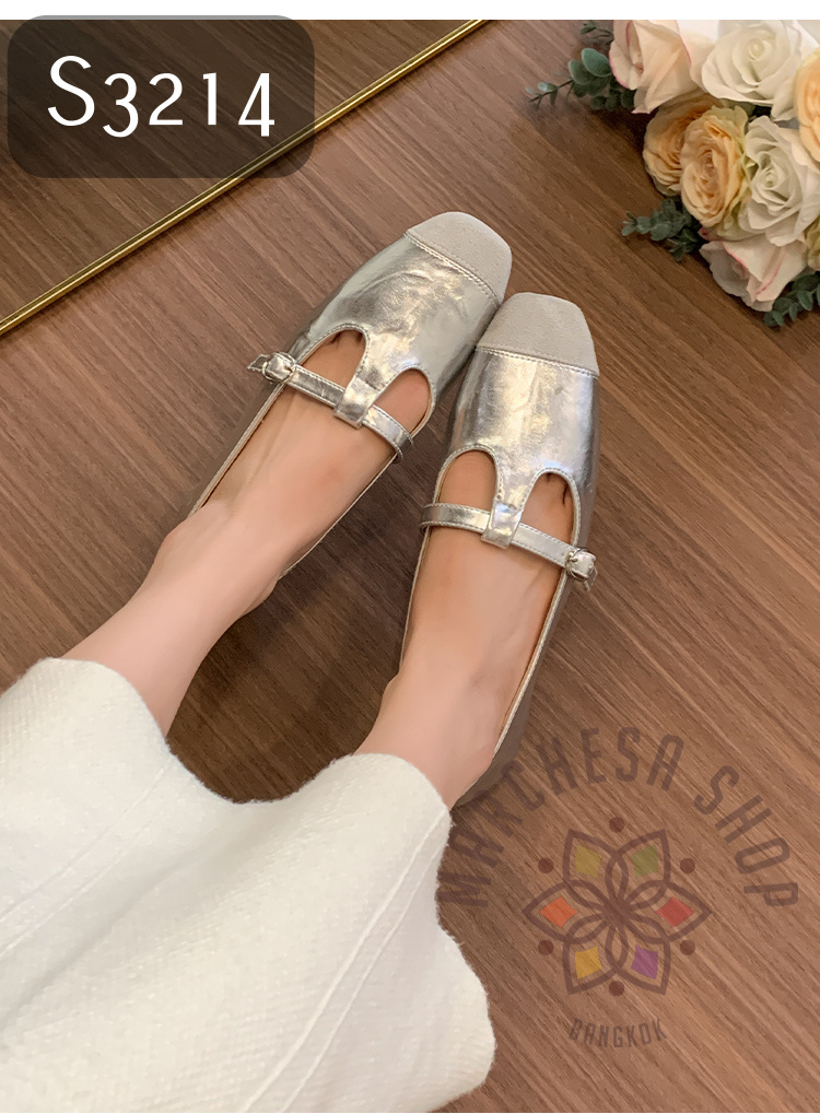 S3214 - 真皮牛皮拼接鏤空搭帶方頭平底鞋