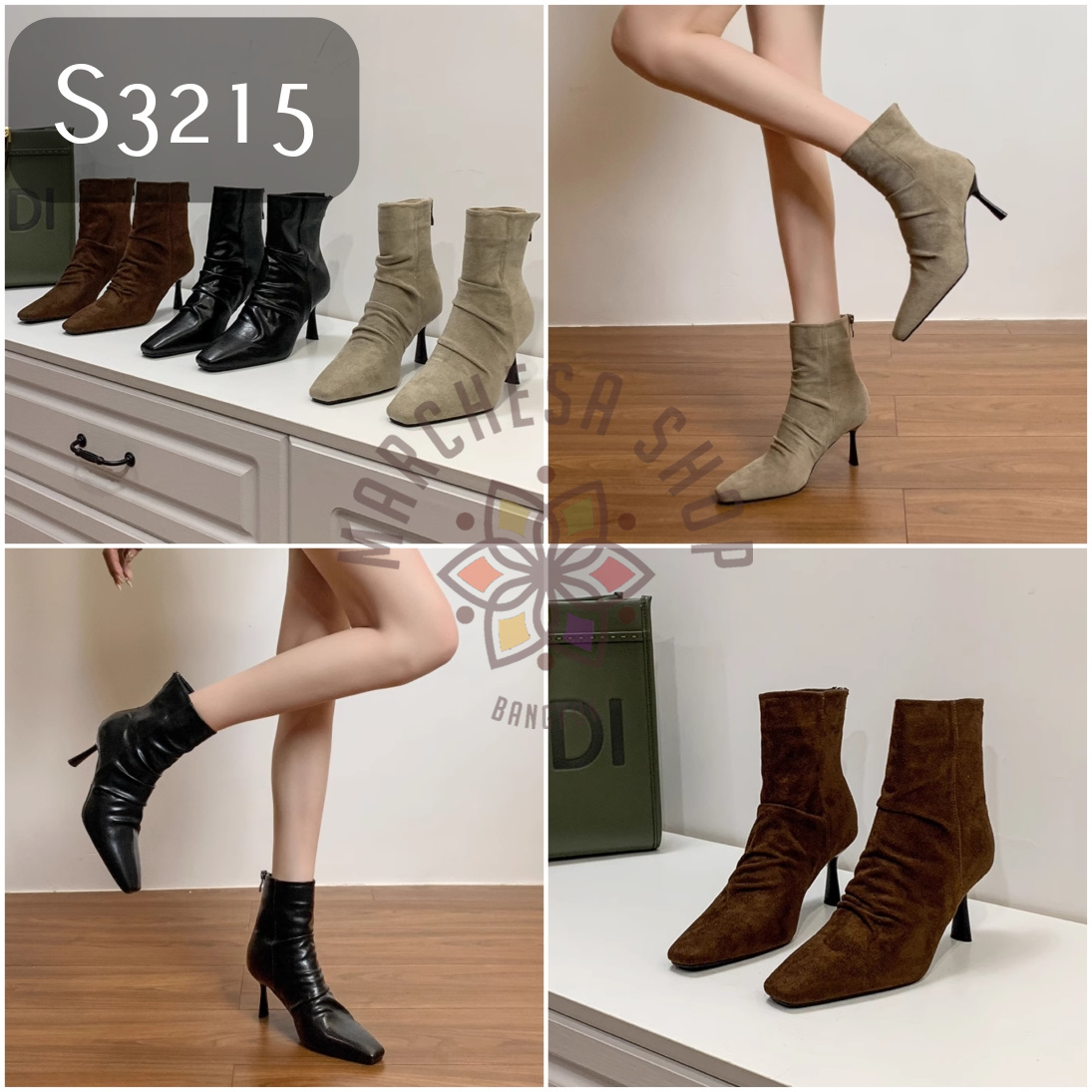 S3215 - 真皮羊皮皺摺方頭高踭短靴