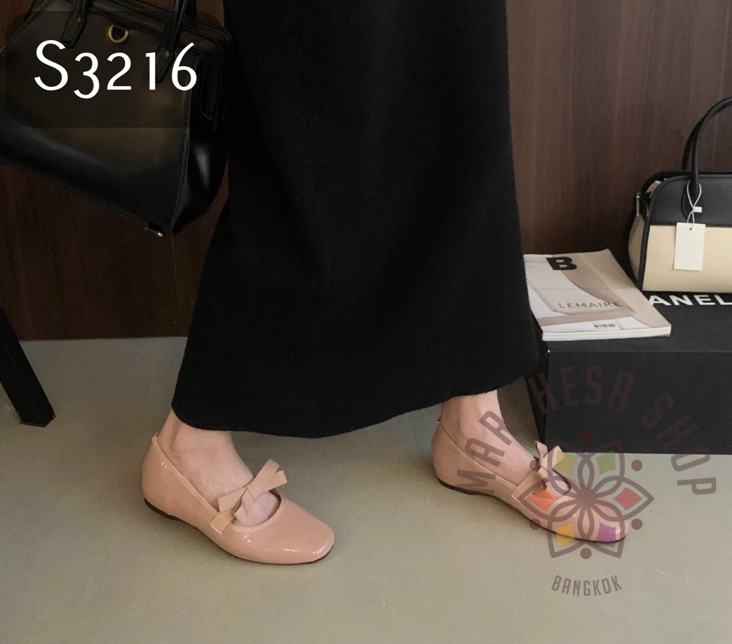 S3216 - 真皮羊皮蝴蝶結方頭平底鞋