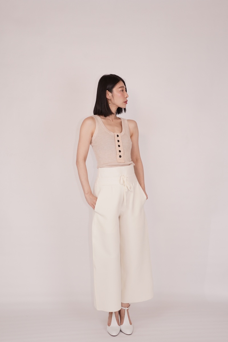 HANAA新款胎牛皮法式復古白色T形繫帶高跟鞋