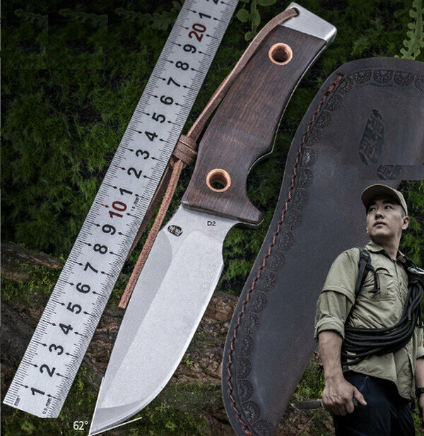 HOT SALE ROCK WILDERNESS SURVIVAL KNIFE D2 LEATHER GRAY VERSION [D-254A] TOTAL LENGTH 230MM