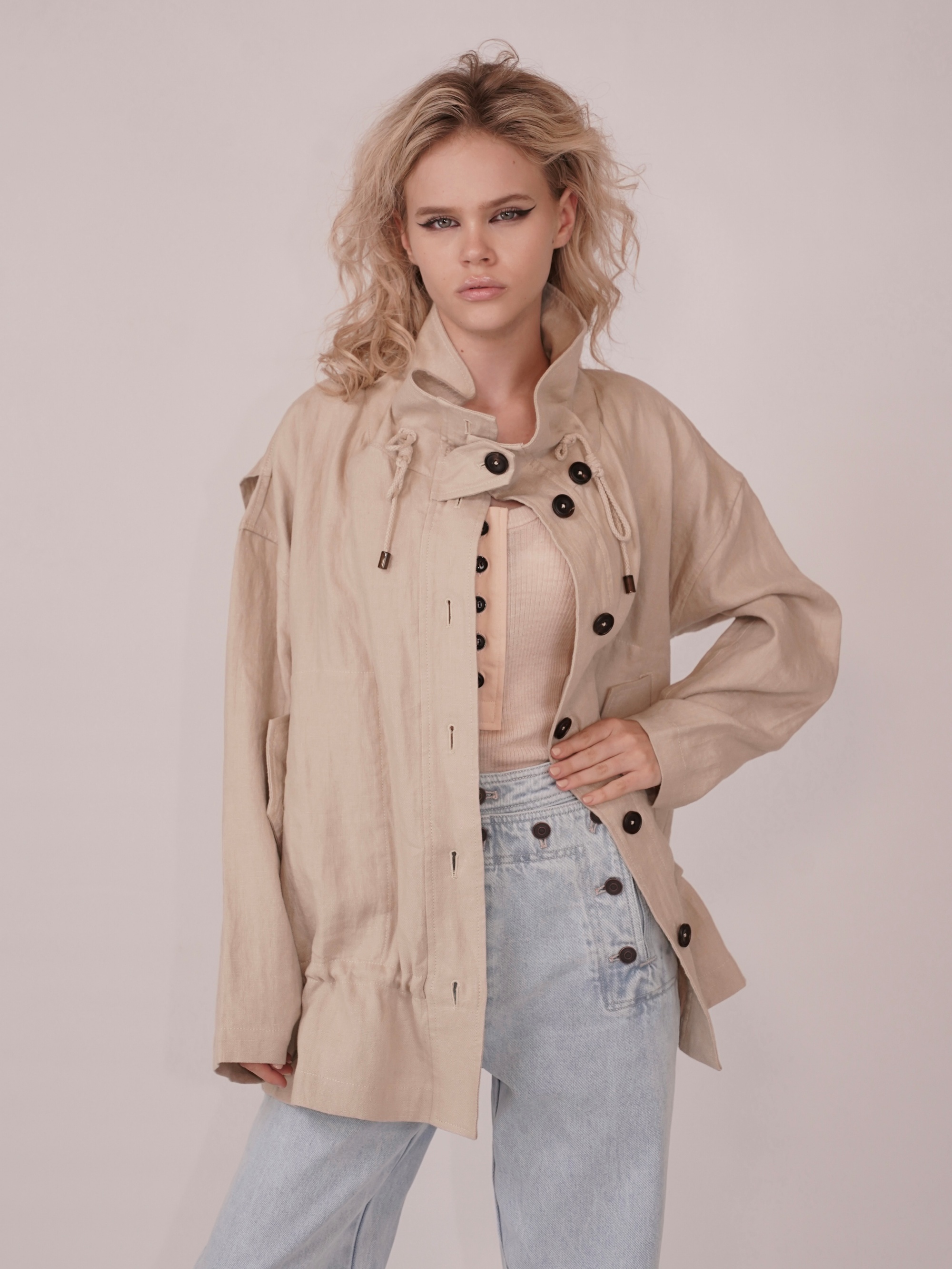 HANAA新款進口亞麻休閒立領抽繩夾克外套