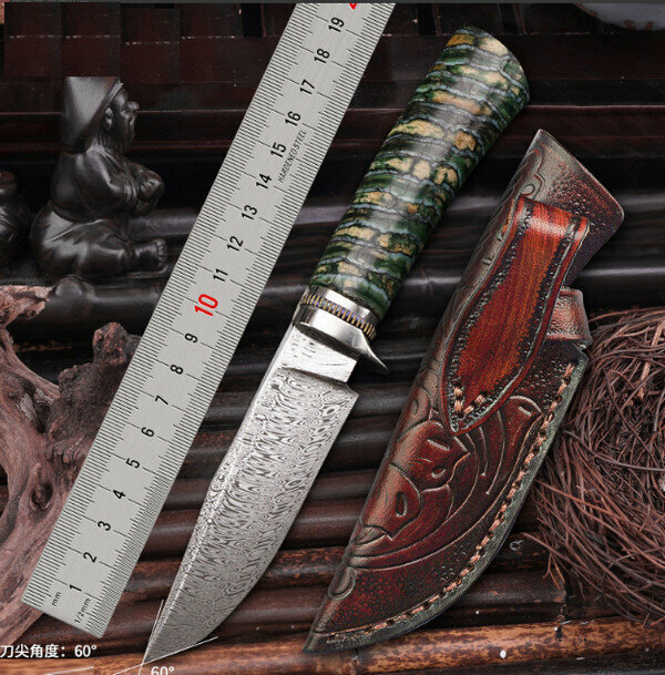 Hot Sale Flame Pattern Damascus Straight Knife / Classical Collection Knife [DM--032RF] Manganese Tooth Shank / Total Length 204mm