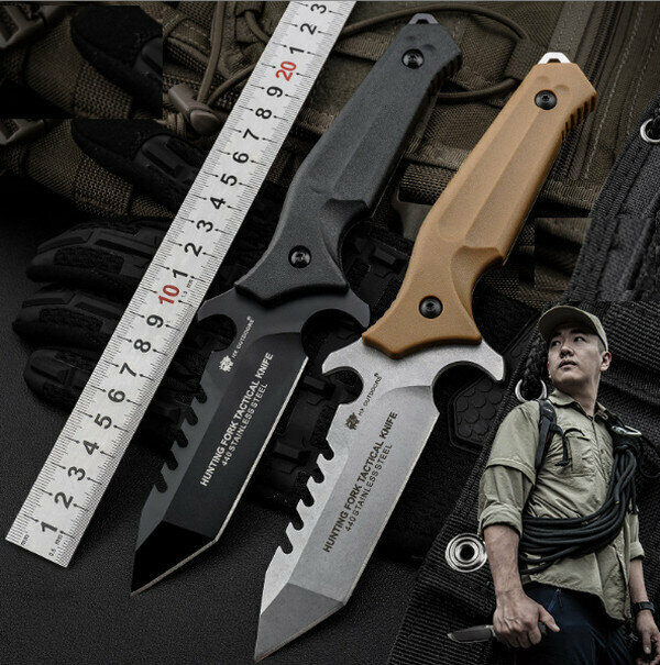 Hot Selling Field Defense Knife - Hunting Fork Tactical Knife - Black [D-204] with a total length of 235mm