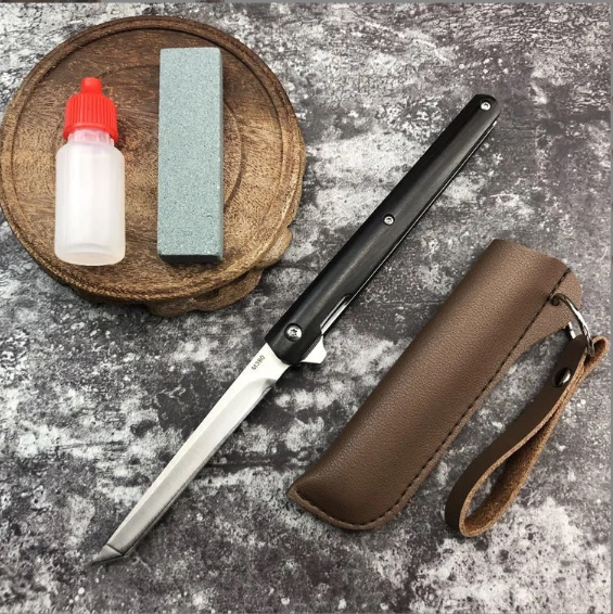 熱賣折疊刀（黑檀木平頭+磨刀石+護刀油）（規格：總長21.2*刃長9.5*刃寬1.2*刃厚0.3CM）