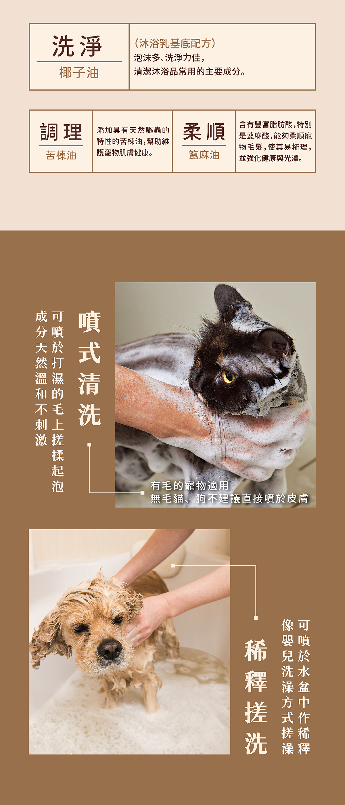 天然植物油配方,給毛孩最天然的呵護 使用方式:噴式清洗、稀釋搓洗
