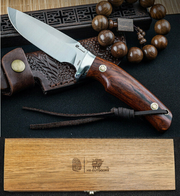 熱賣戶外防身高硬度鋒利直刀<DM-053B>大馬士革鋼刀+黃檀木柄+刀套皮繩+相思木木盒