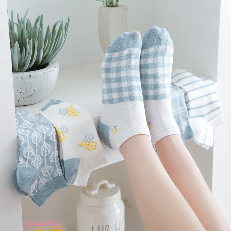 [3 FOR RM10] Blue Checkered Floral Ankle Socks