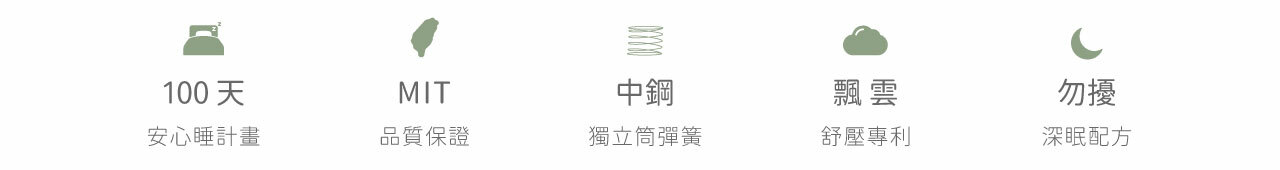 100天安心睡計畫、台灣品質保證、中鋼獨立筒彈簧、飄雲舒壓專利、勿擾深眠配方