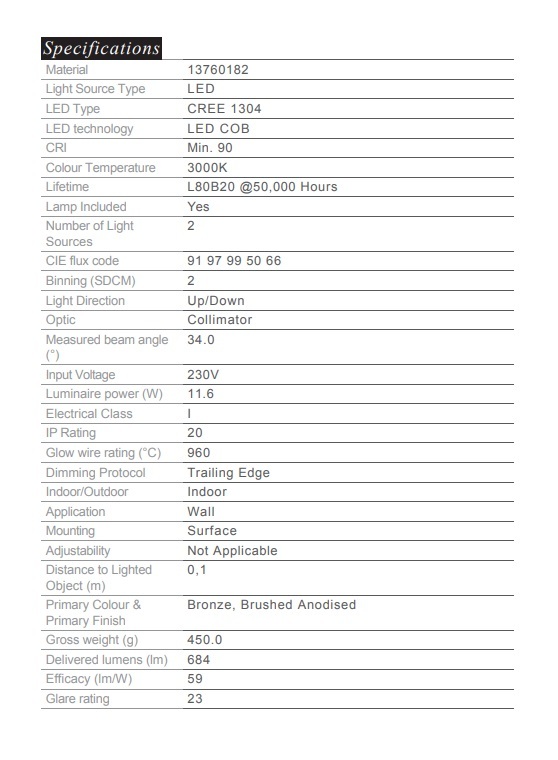 MODULAR 13760182 LED 11.6W CHIVAL 牆向上/向下 3000K 青銅拉絲陽極氧化