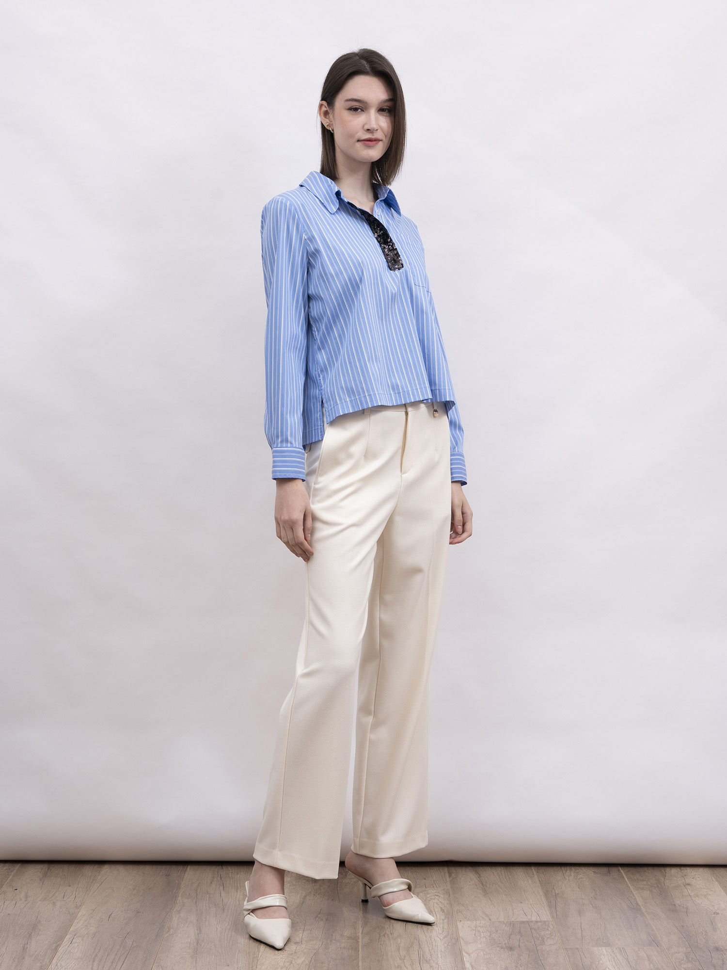 mi-tu 條紋拼珠片恤衫