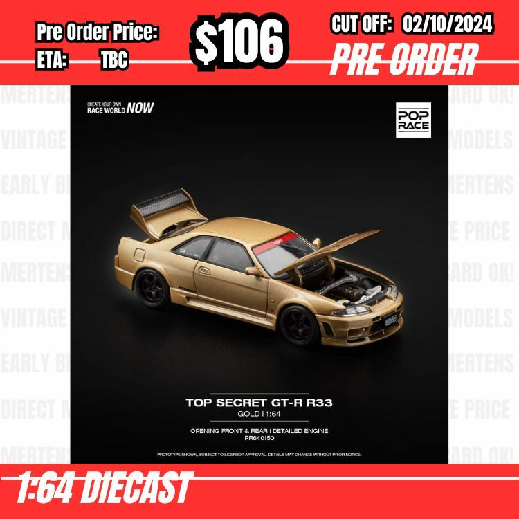 PO-$106 * Pop Race * 1:64 TOP SECRET GT-R R33 - GOLD [OD26/09]