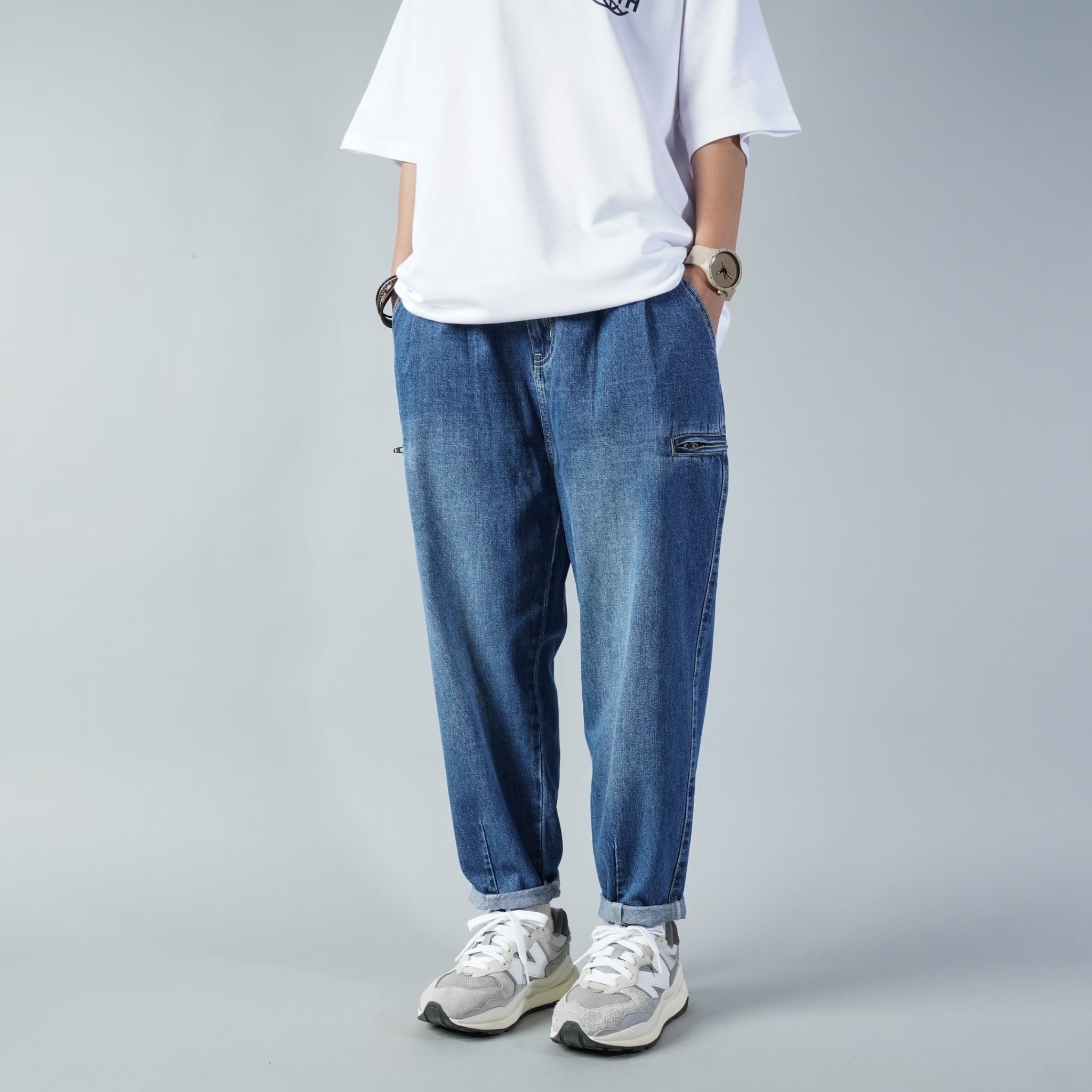 SBG 拉鍊口袋上寬下窄繭型牛仔褲 071