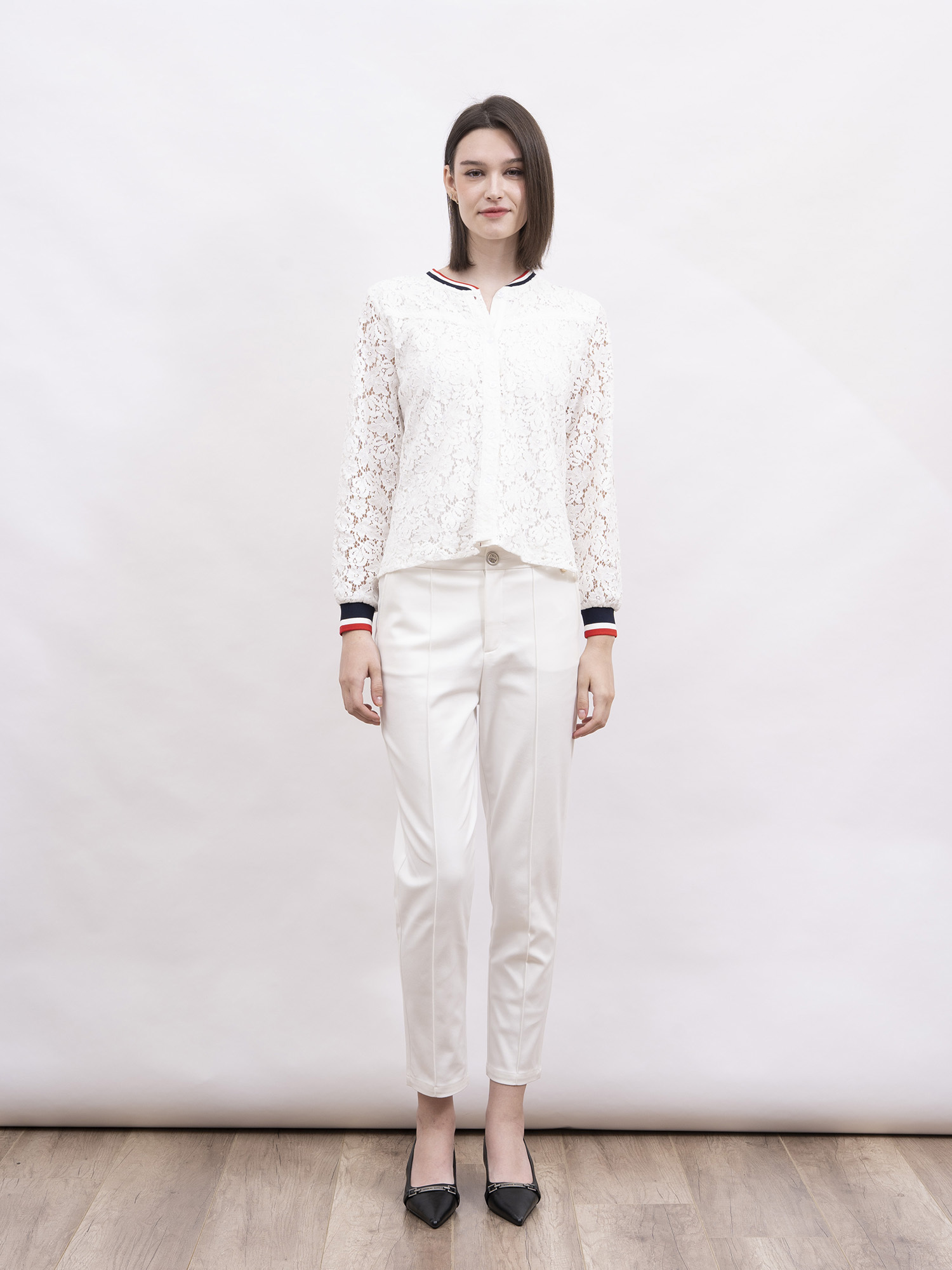 mi-tu 蕾絲羅紋織圓領長袖恤衫