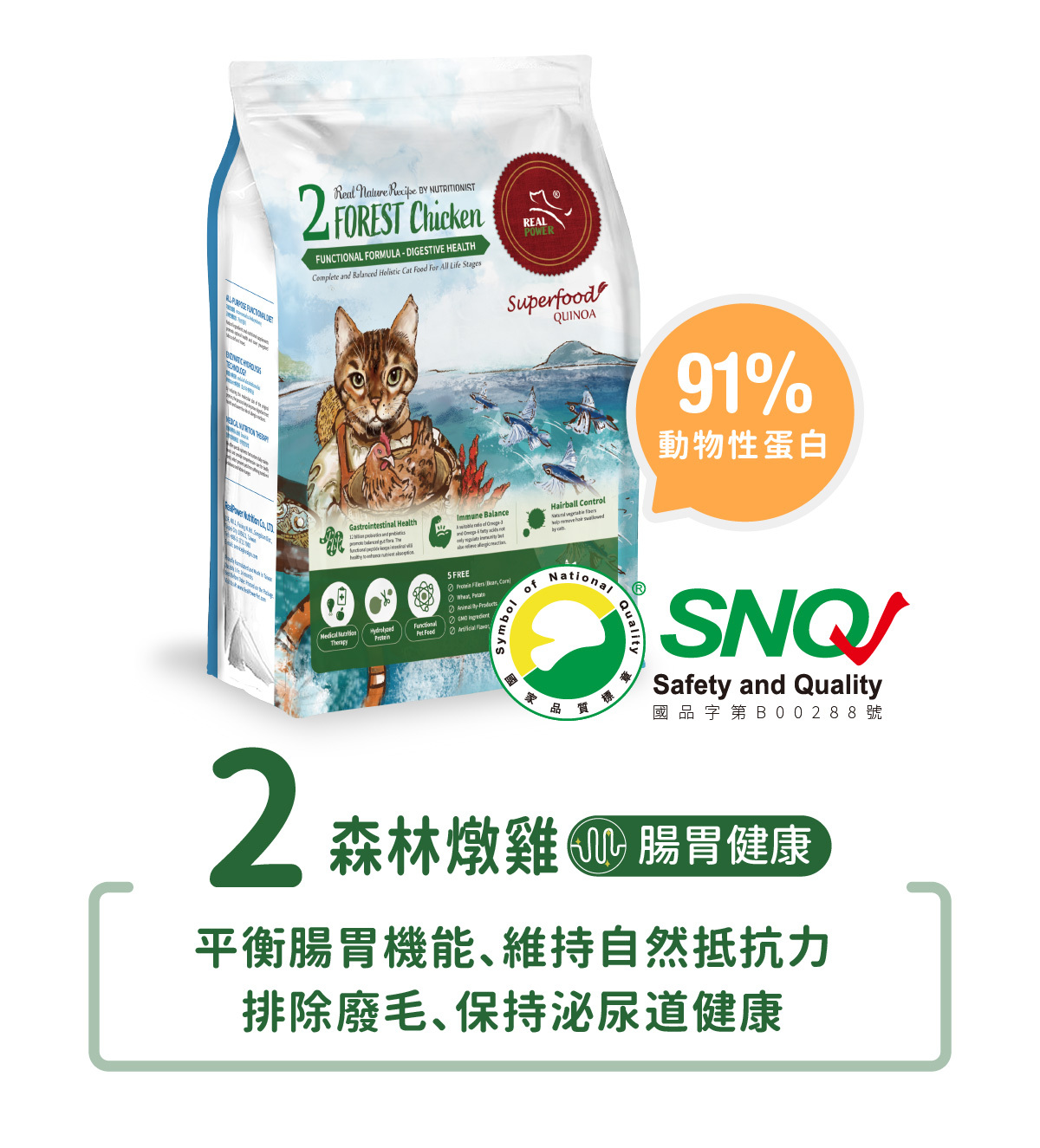 SNQ國家品質標章認證,瑞威貓糧,森林嫩雞,腸胃健康配方 維持腸胃機能,維持自然抵抗力 排除廢毛,保持泌尿道健康 91% 動物性蛋白質