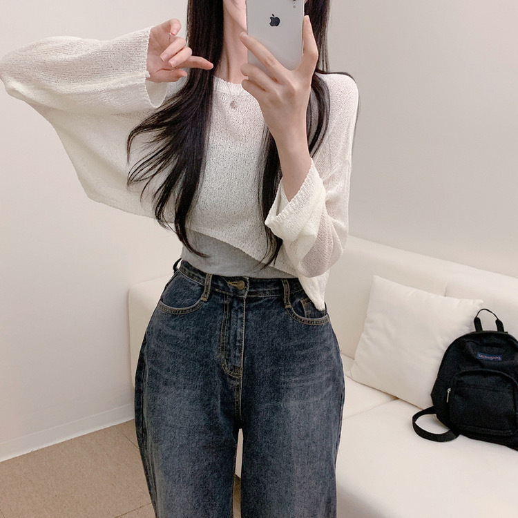 【優惠現貨】韓國短款純色長袖薄針織上衣（6色）
