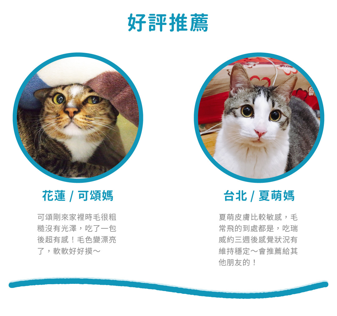 瑞威 評價 花蓮 / 可頌媽 可煩剛來家裡時毛很粗糙沒有光澤,吃了一包後超有感!毛色變漂亮了,軟軟好摸~ 台北 / 夏萌媽 夏萌皮膚比較敏感,毛常飛的到處都是,吃瑞威約三週後感覺狀況有維持穩定~會推薦給其他朋友的!