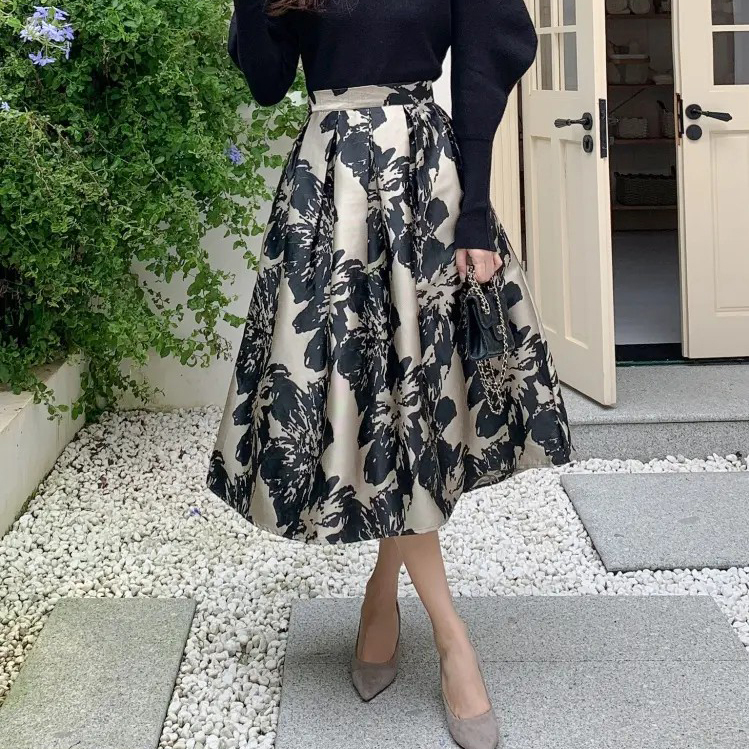 優雅女子配色花卉感傘擺長裙-F (Elegant & Love)