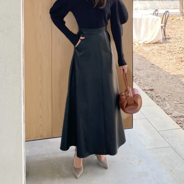 經典黑高腰雙口袋PU皮革長裙皮裙S-L (Elegant & Love)