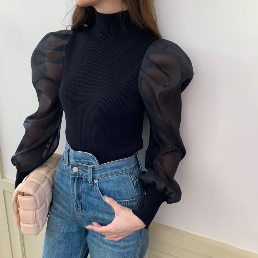 歐根紗澎澎袖拼接高領上衣-F (Elegant & Love)