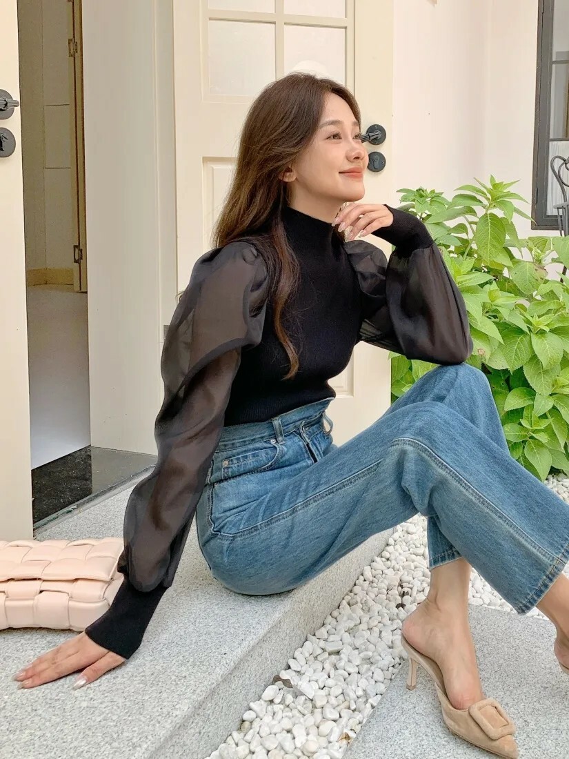 歐根紗澎澎袖拼接高領上衣-F (Elegant & Love)