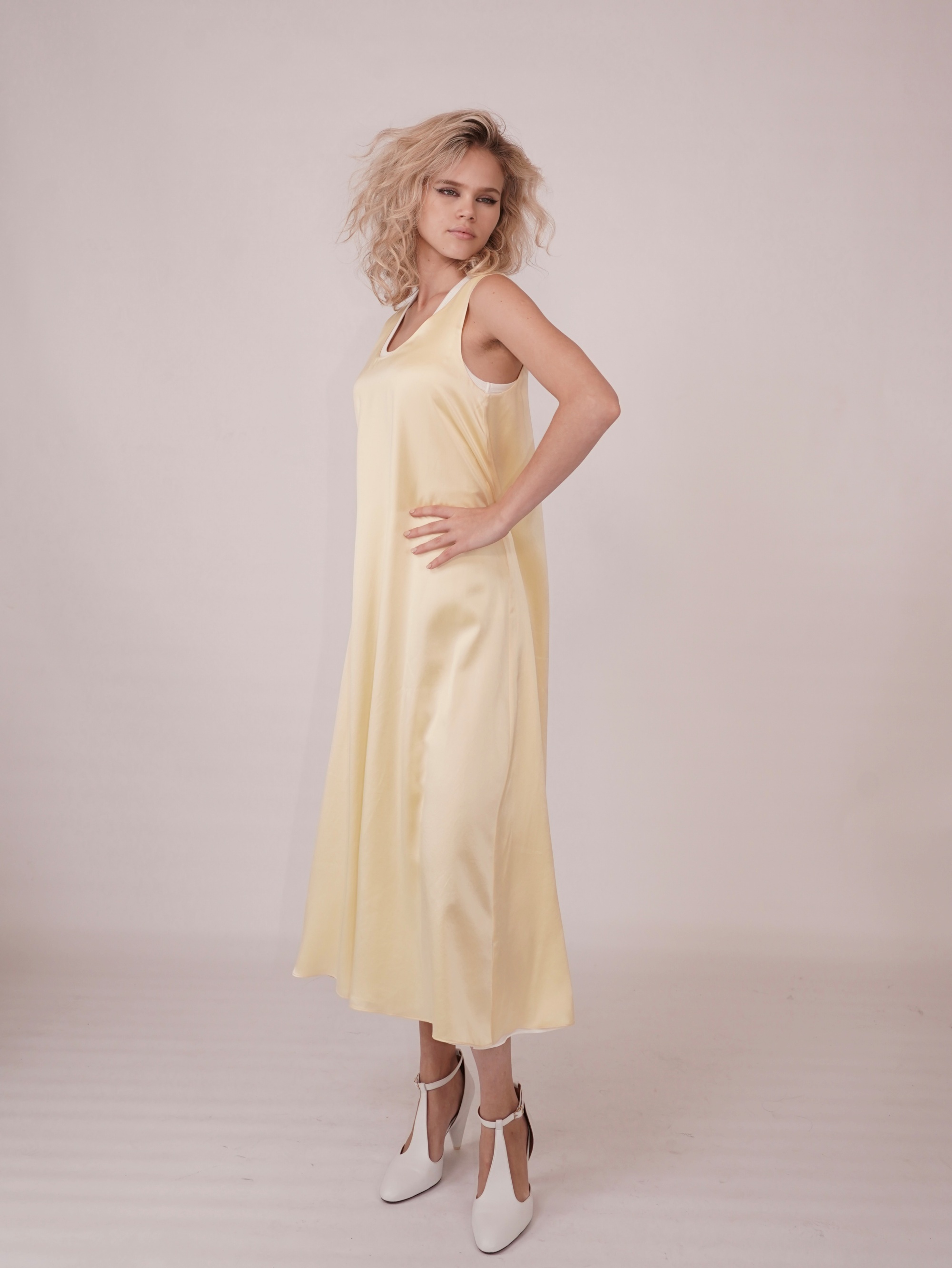 HANAA 新款雙層真絲緞面垂順背心長裙連衣裙