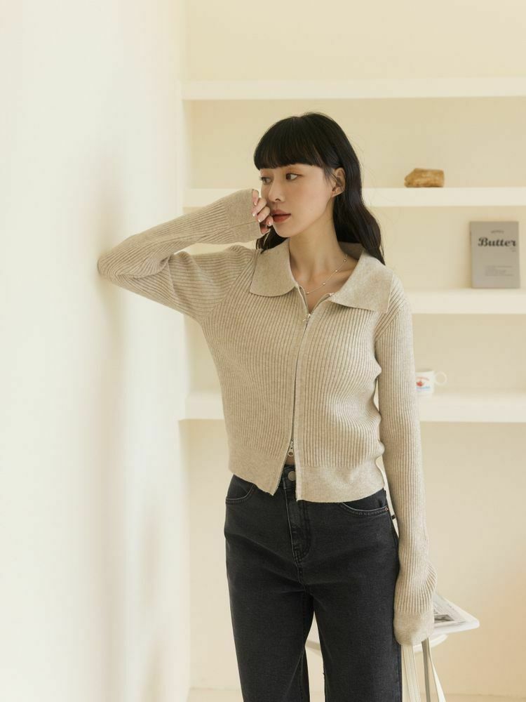 雙拉鍊翻領坑紋針織