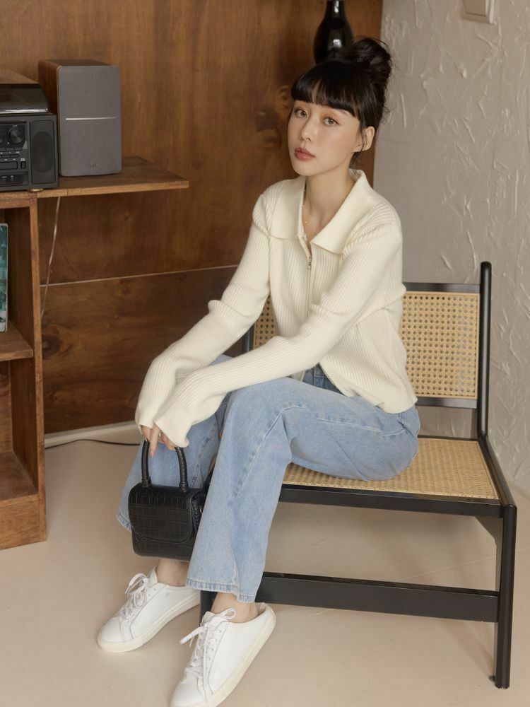 雙拉鍊翻領坑紋針織