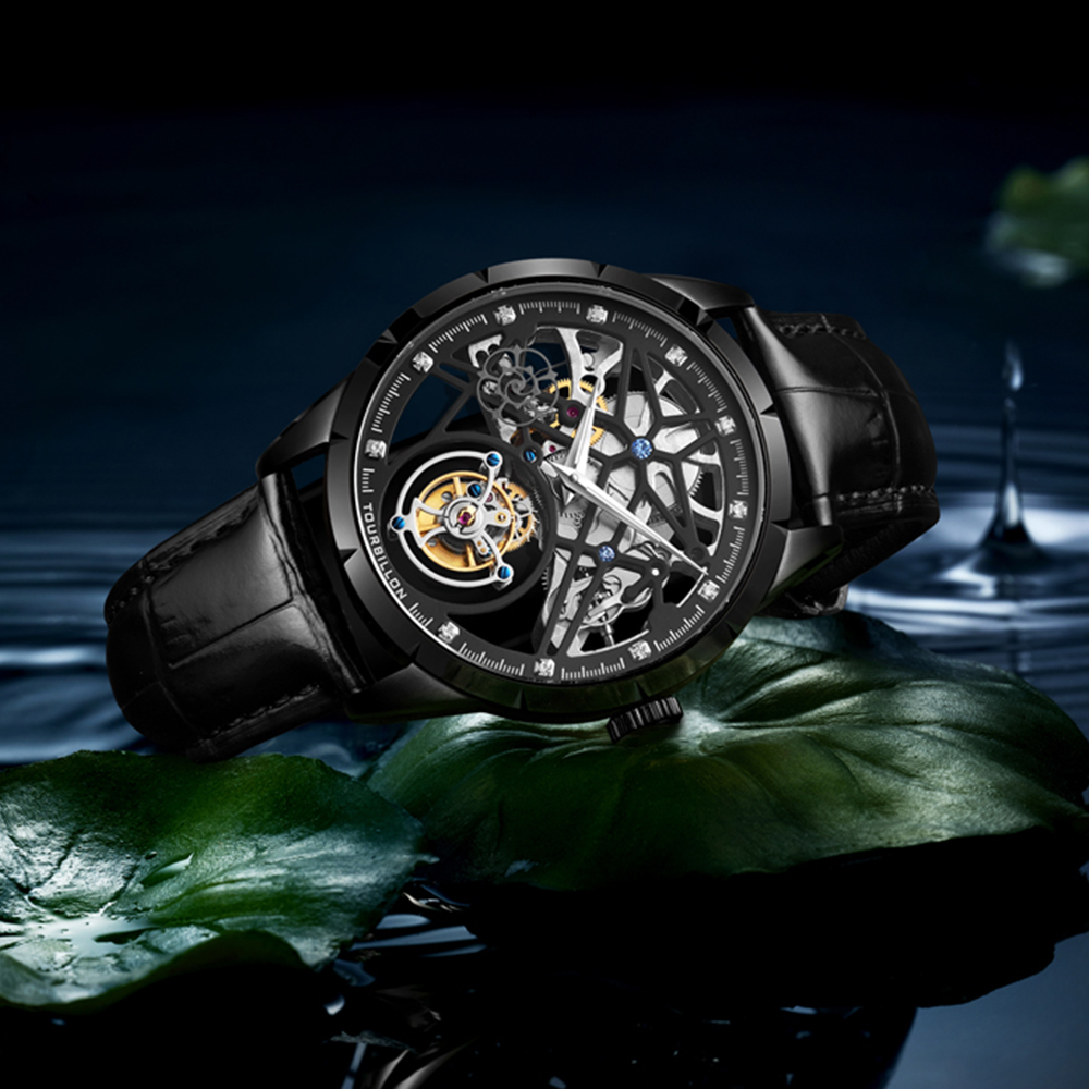 【BEXEI 貝克斯】9090 簡約 休閒 百搭 晶鑽 夜光 鏤空 皮革 陀飛輪 機械 手錶 紳士 男錶 腕錶