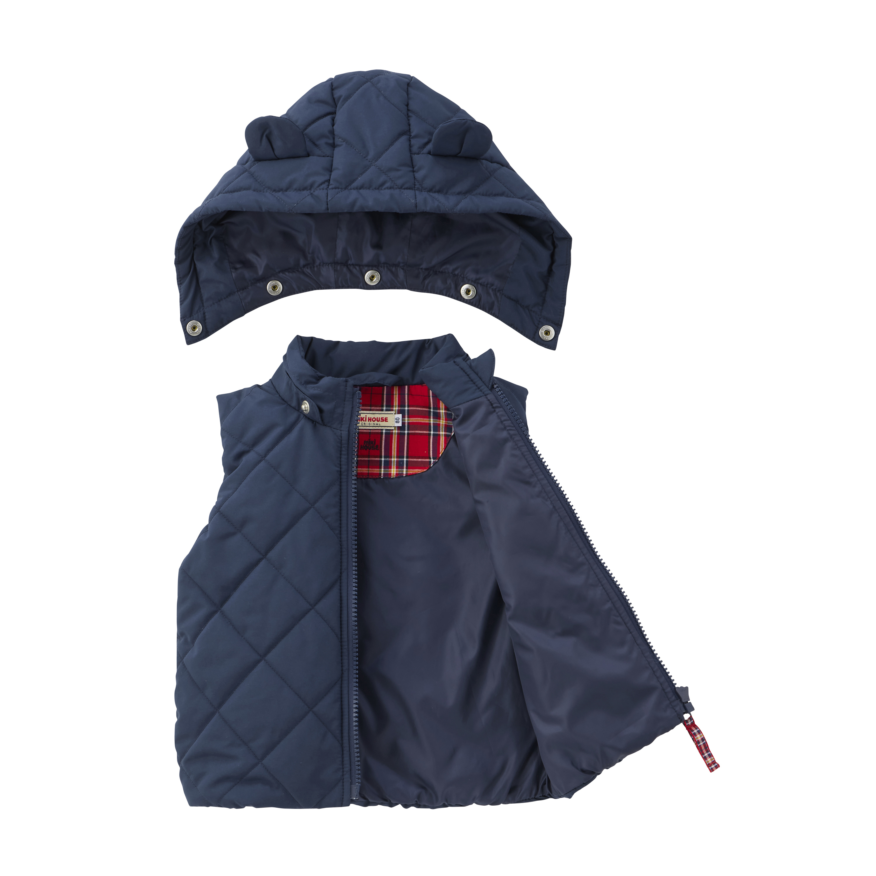 MIKI HOUSE BEAR 菱格可拆卸連帽背心外套-藏藍