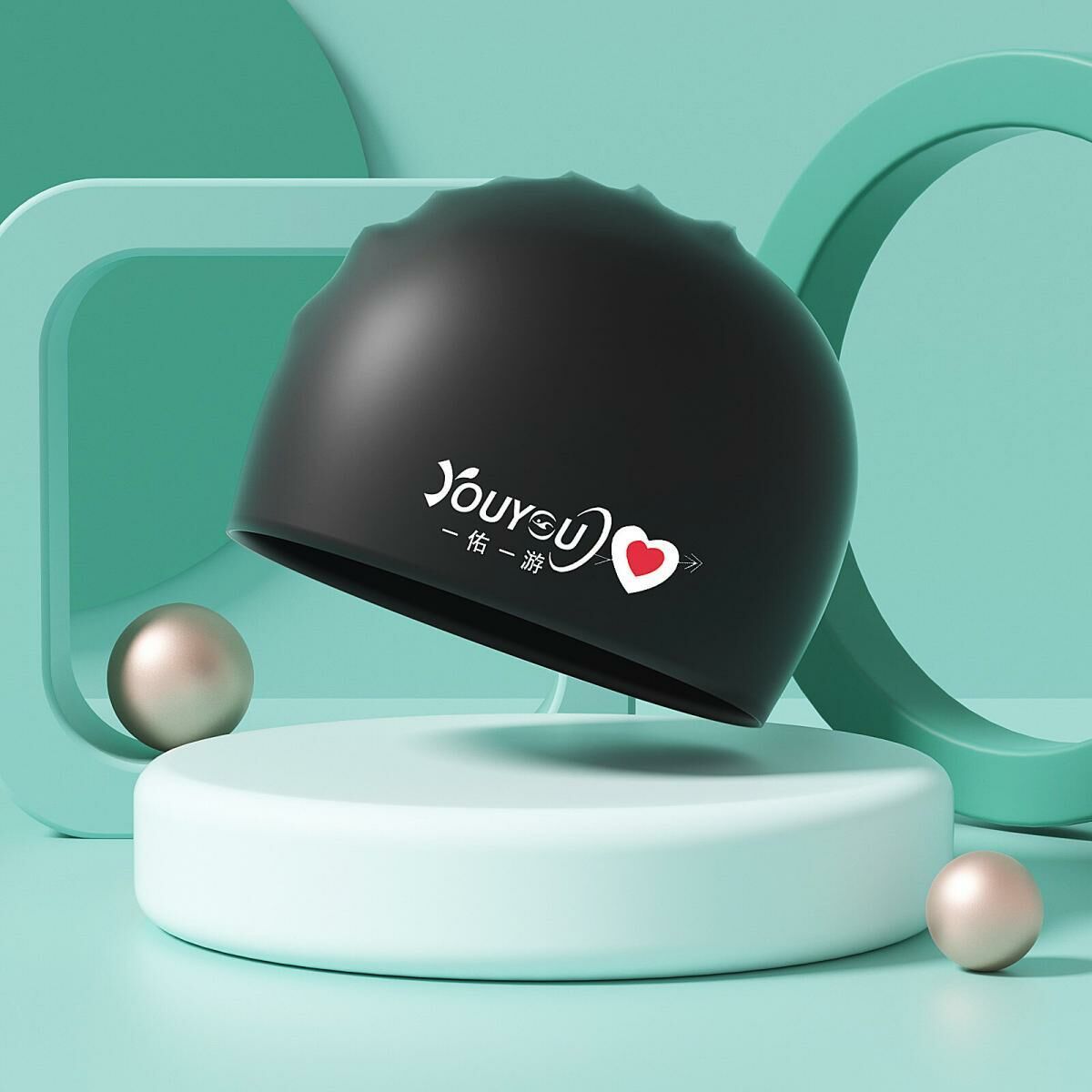 Popular swimming cap (black bottom with love heart - silicone)