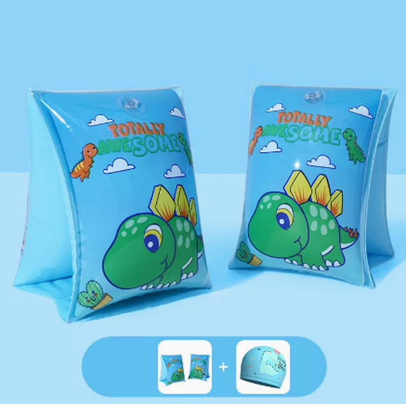 Hot selling children's swimming arm circle buoyancy swimming sleeves (blue dinosaur + swimming cap)