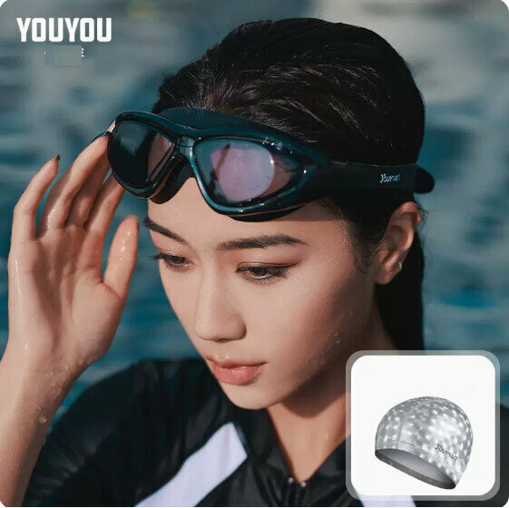 Hot selling swimming goggles and cap set (transparent black + silver PU cap)