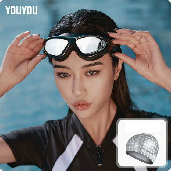 Hot selling swimming goggles and cap set (electroplated black + silver PU cap)