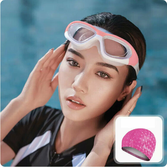 Hot selling swimming goggles and cap set (transparent pink and white + rose red PU cap)