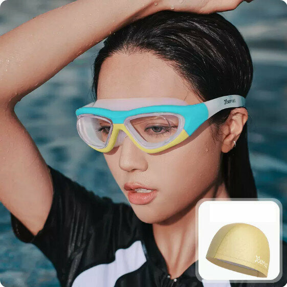 Hot selling swimming goggles and cap set (transparent blue and yellow + yellow PU cap)