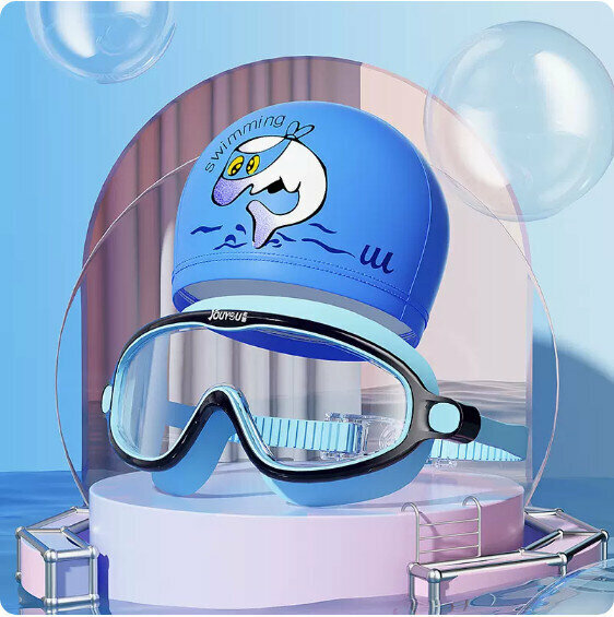Hot selling children's swimming goggles and cap set (transparent blue (large frame) + PU dolphin cap)