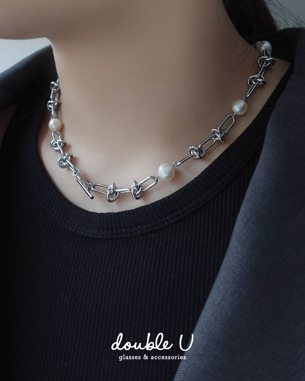 打結鍊條・珍珠OT扣鋼飾項鍊 (INX10158)